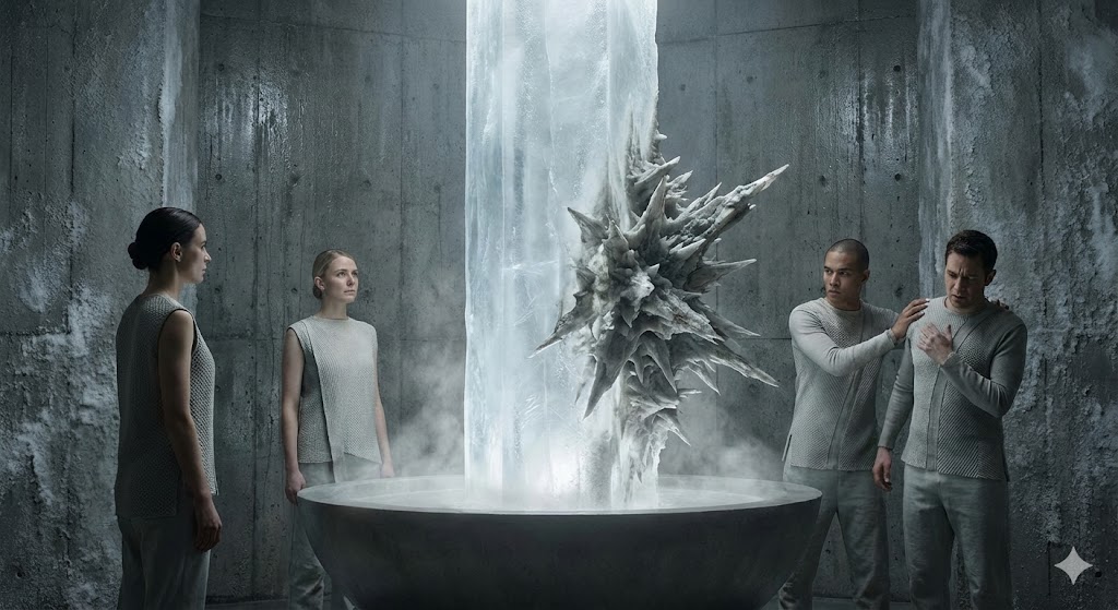 Conceptual image of two observers facing a frozen crystalline structure with an emerging spiked formation, symbolising signals, emerging cases, and the interpretation of weak signals in strategic foresight.