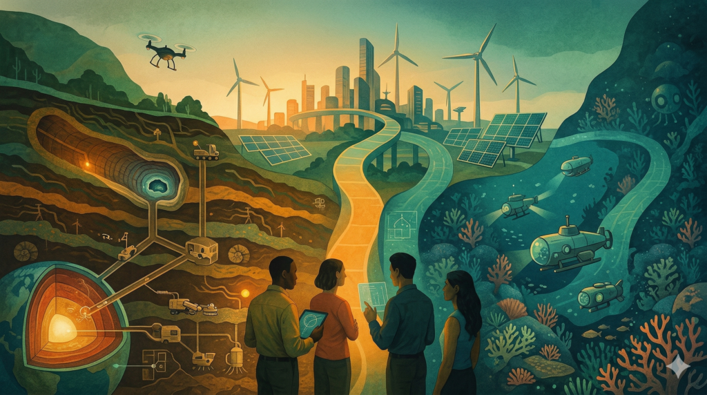Conceptual illustration of the future of clean energy, showing geothermal systems, underwater robotics, solar panels, wind turbines, drones, and a smart city connected through strategic innovation and sustainable infrastructure.