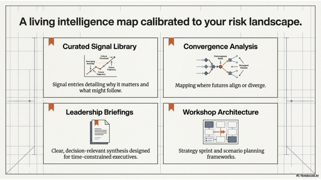 A living intelligence map calibrated to your risk landscape. Four-part framework presenting a curated signal library, convergence analysis, leadership briefings, and workshop architecture as components of an adaptive foresight system.