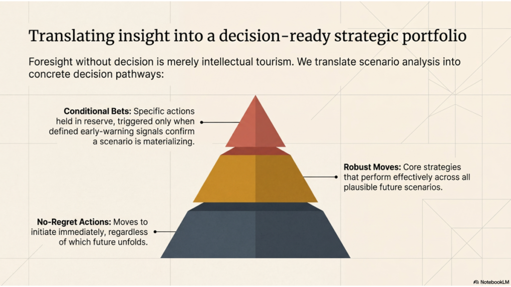 Strategic decision pyramid organizing actions into no-regret actions, robust moves, and conditional bets; the slide explains how to translate future scenarios into a portfolio of actionable decisions.