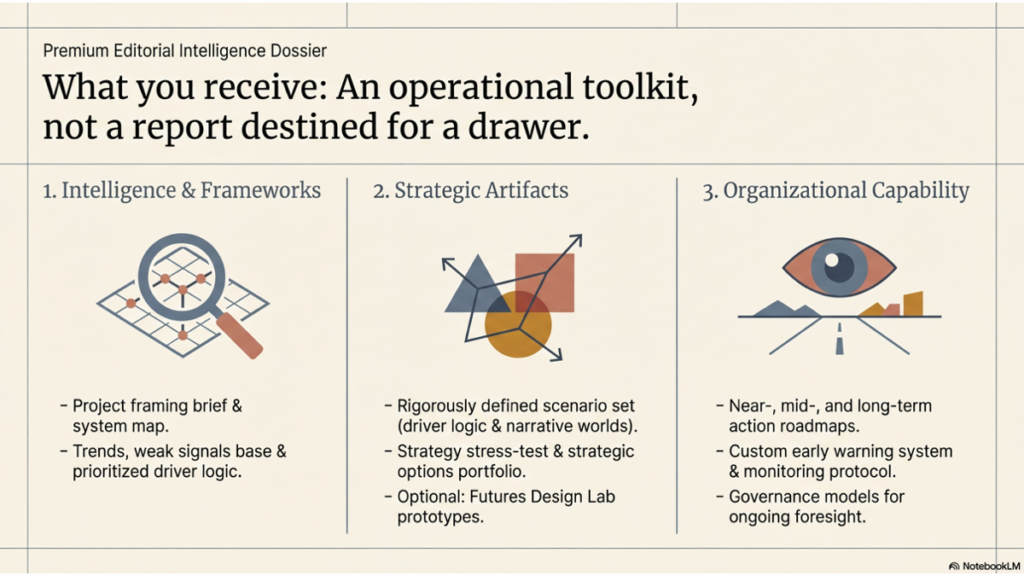 An infographic presenting the outputs of a foresight engagement: intelligence frameworks, strategic artifacts, and organizational capability; tools shown include system maps, scenarios, option portfolios, and early warning systems.