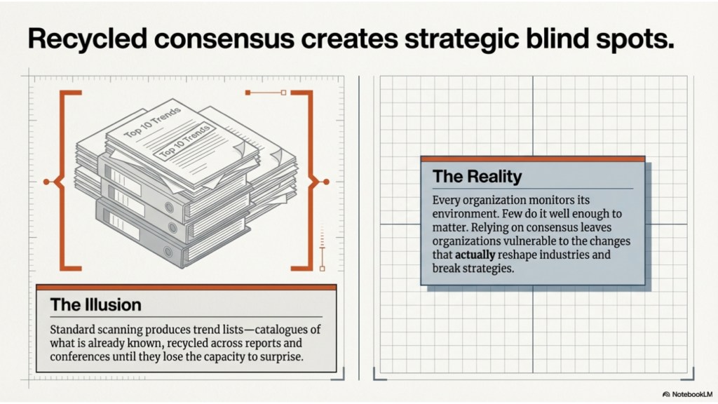 Recycled consensus creates strategic blind spots. Split visual showing stacked reports and conventional analysis on one side, contrasted with a reality box explaining that over-reliance on repeated consensus hides weak but important shifts.