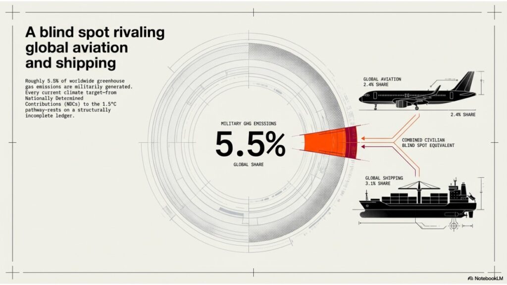 An infographic slide titled "A blind spot rivaling global aviation and shipping". The slide features a large circular chart resembling a radar, with an orange slice highlighted. The text in the center states "MILITARY GHG EMISSIONS 5.5% GLOBAL SHARE". Lines connect this 5.5% orange slice to two illustrations on the right: a passenger airplane representing "GLOBAL AVIATION 2.4% SHARE" and a cargo ship representing "GLOBAL SHIPPING 3.1% SHARE". A label connecting both the plane and the ship points back to the orange slice, reading "COMBINED CIVILIAN BLIND SPOT EQUIVALENT", showing that military emissions equal the combined emissions of global aviation and shipping. Text on the left side reads: "Roughly 5.5% of worldwide greenhouse gas emissions are militarily generated. Every current climate target—from Nationally Determined Contributions (NDCs) to the 1.5°C pathway—rests on a structurally incomplete ledger."