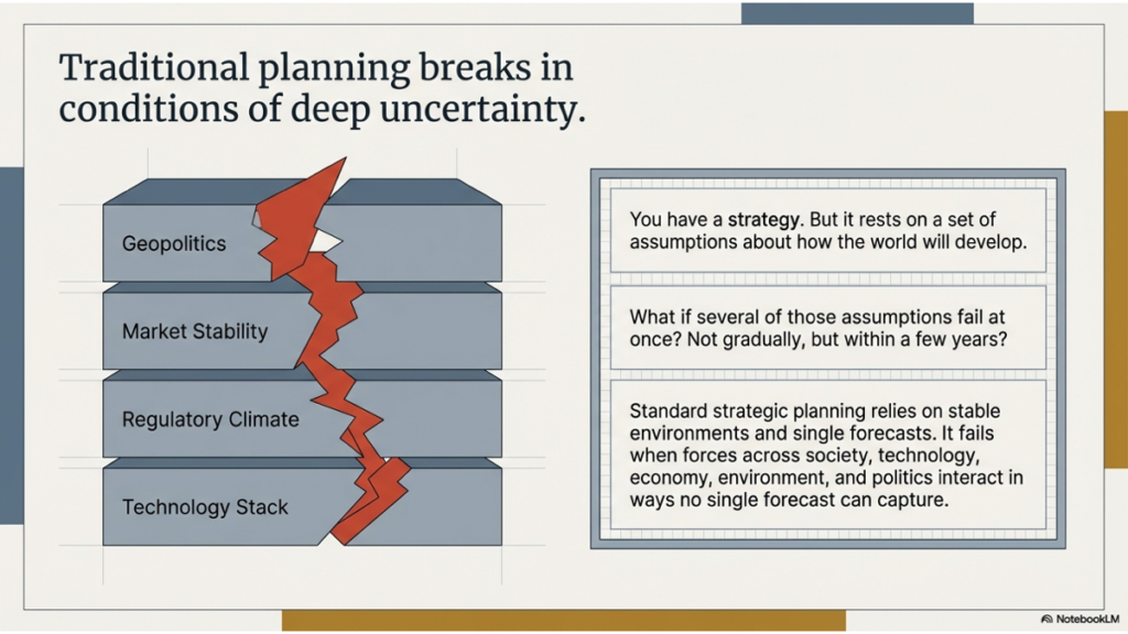 Infographic explaining why traditional strategic planning fails under deep uncertainty; a breaking structure labeled with geopolitics, market stability, regulation, and technology illustrates the fragility of business assumptions.