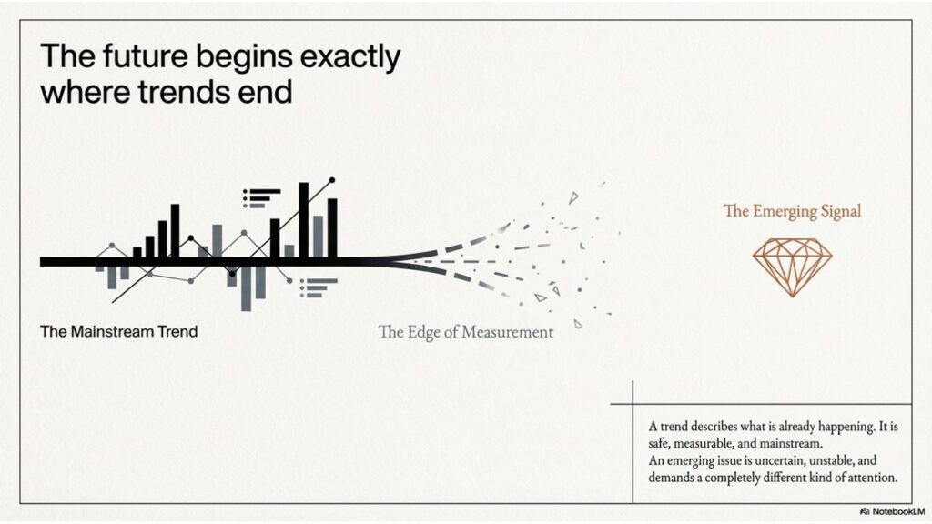 The future begins exactly where trends end. Minimal chart showing the mainstream trend, the edge of measurement, and a small emerging signal beyond what is already visible, illustrating where foresight detects weak signals before they become obvious.