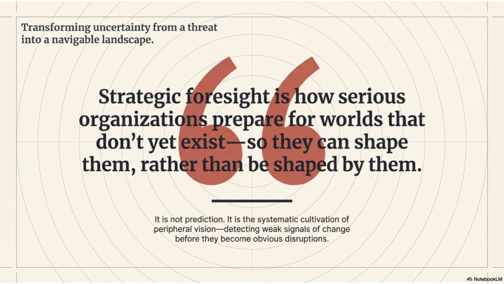 Quote image stating that strategic foresight helps organizations prepare for worlds that do not yet exist; a minimalist composition with concentric circles emphasizes weak signals and systemic change.