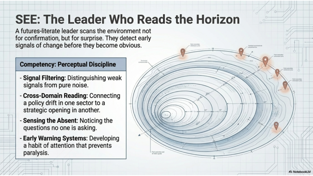 SEE: The leader who reads the horizon. Slide describing perceptual discipline through weak-signal filtering, cross-domain reading, sensing the absent, and early warning habits, accompanied by a spiral horizon diagram marked with signal points.