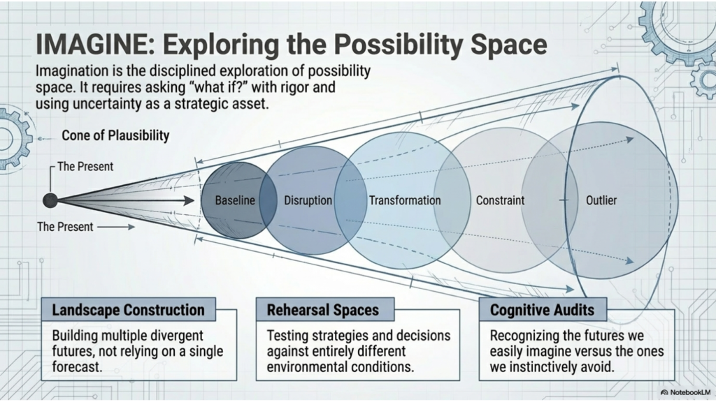 IMAGINE: Exploring the possibility space. A cone of plausibility expands from the present into multiple futures, including baseline, disruption, transformation, constraint, and outlier, illustrating how leaders rehearse several divergent futures instead of relying on one forecast.