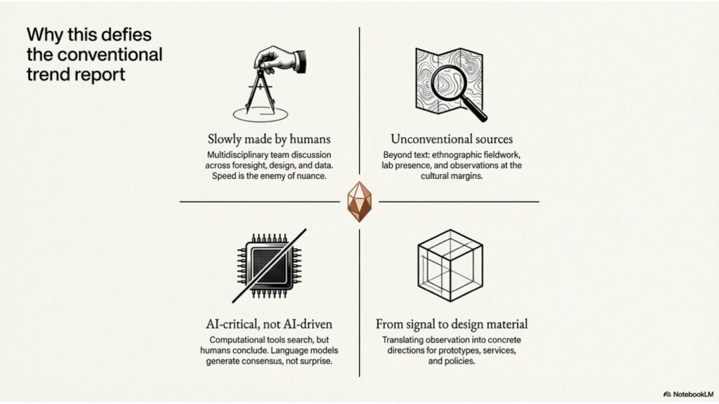 Why this defies the conventional trend report. Four-quadrant slide explaining that meaningful signals often come from slow human observation, unconventional sources, AI-assisted outlier detection, and fragments of weak or easily ignored evidence.