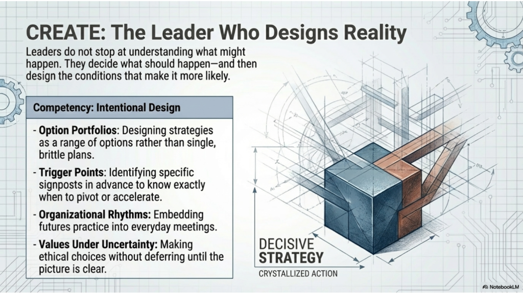 CREATE: The leader who designs reality. Slide focused on intentional design, showing option portfolios, trigger points, organizational rhythms, and ethical choices under uncertainty, paired with a geometric structure labelled decisive strategy and crystallized action.