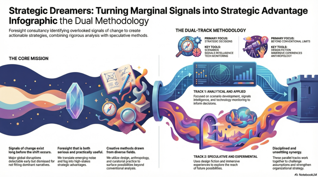 Strategic Dreamers foresight infographic showing a dual-track methodology that combines analytical strategic foresight, scenario development, signals intelligence and technology monitoring with speculative, experimental methods such as design fiction, anthropology and immersive futures exploration.