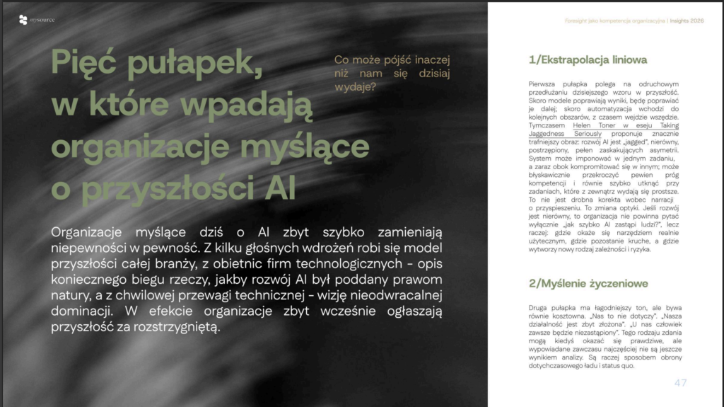 A spread from the “Insights 2026” report presenting five traps that organizations fall into when thinking about the future of AI, including linear extrapolation and wishful thinking.